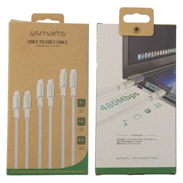 4smarts USB-C auf USB-C Kabel Premium Cord 60W 3er Set 0,5m+1,5m+3m weiß/sil 