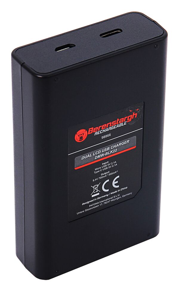 Berenstargh Dual LCD USB Charger f. Panasonic DMW-BLK22, 500mA, 8.4V 