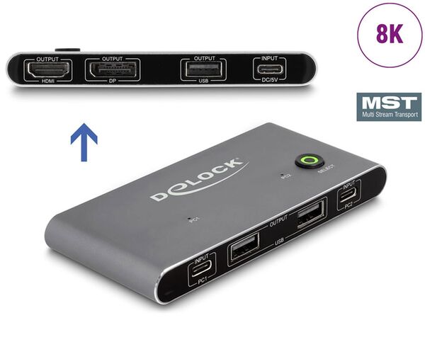 Delock USB-C KVM Switch zu HDMI und DisplayPort 8K MST mit USB 2.0 