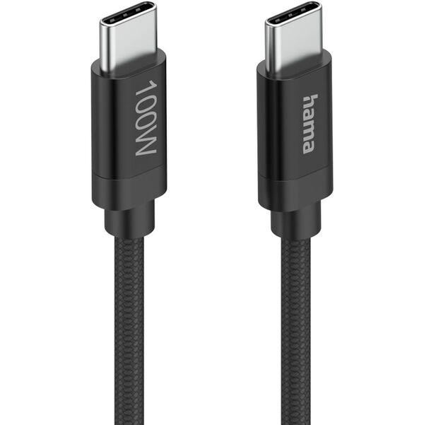 Hama Ladekabel Fabric, USB-C - USB-C, 100W, 1,5 m, Nylon, Schwarz 