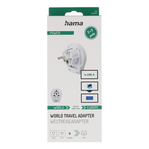 Hama Reiseadapter World to Europe USB, für 2- und 3-polige Geräte, 1x USB 