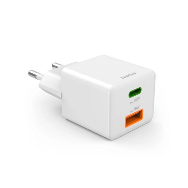 Hama Schnellladegerät, 1x USB-C, 1x USB-A, Mini-Ladegerät, PD  20 Watt weiß