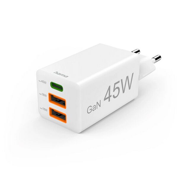 Hama Schnellladegerät, GaN, 1x USB-C, 2x USB-A, Mini-Ladegerät, PD, 45 W  weiß
