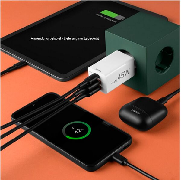 Hama Schnellladegerät, GaN, 1x USB-C, 2x USB-A, Mini-Ladegerät, PD, 45 W  weiß