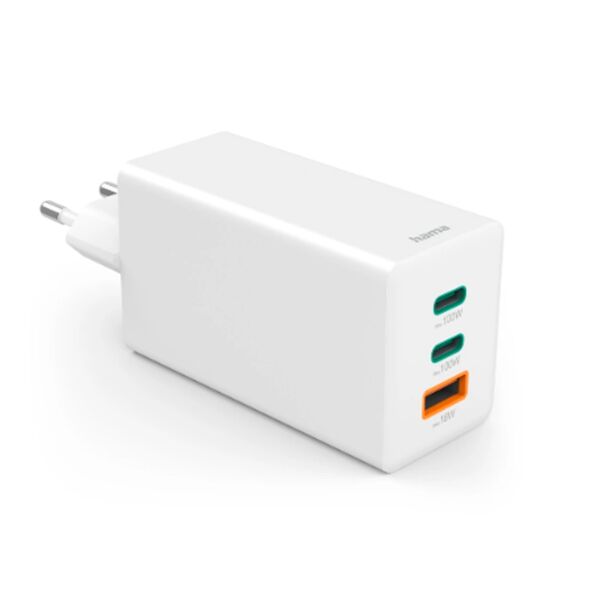 Hama Schnellladegerät, GaN, 2x USB-C, 1x USB-A, Mini-Ladegerät, PD  100 Watt weiß
