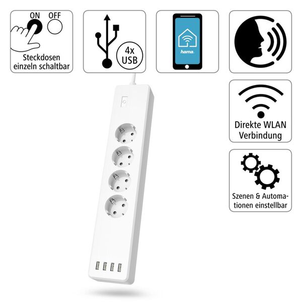 Hama Smarte WLAN-Steckdosenleiste 4-fach, einzeln schaltbar, Überlastsch., 4xUSB 