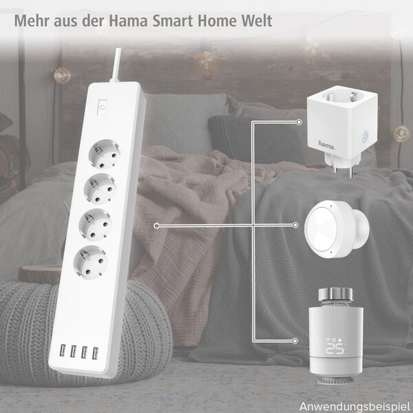 Hama Smarte WLAN-Steckdosenleiste 4-fach, einzeln schaltbar, Überlastsch., 4xUSB 