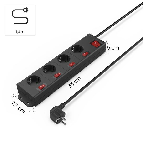 Hama Steckdosenleiste, 4-fach, 90°, einzeln schaltbar, Wandmontage, 1,4 m  schwarz