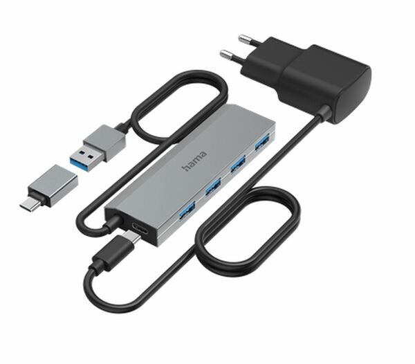 Hama USB-C Hub, 4 Ports, USB 3.2 Gen1, inkl. USB-C Adapter und Netzteil 
