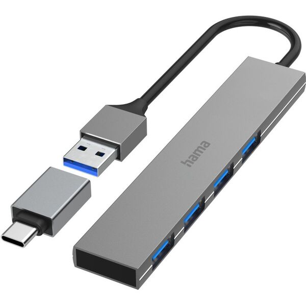 Hama USB-Hub, 4 Ports, USB 3.2 Gen1, 5 Gbit/s, Ultra Slim, inkl. USB-C-Adapter 