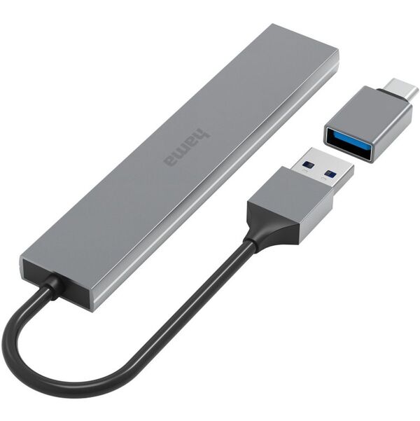 Hama USB-Hub, 4 Ports, USB 3.2 Gen1, 5 Gbit/s, Ultra Slim, inkl. USB-C-Adapter 
