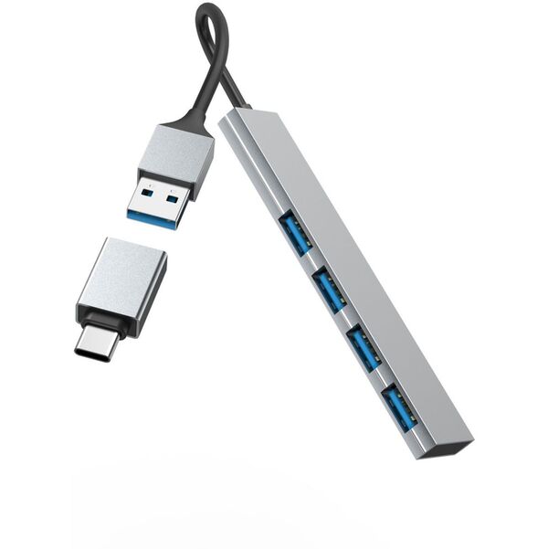 Hama USB-Hub, 4 Ports, USB 3.2 Gen1, 5 Gbit/s, Ultra Slim, inkl. USB-C-Adapter 