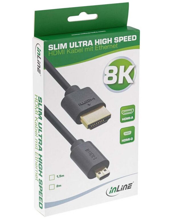 Inline Slim Ultra HDMI-Kabel A- auf D- Stecker (Micro) 8K4K, schwarz/gold  2m