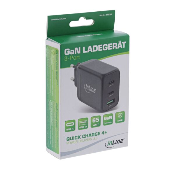 Inline USB PD Netzteil, GaN Ladegerät 3-Port, Dual USB-C + USB-A, 65W 