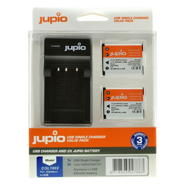 Jupio Akku Olympus Jupio Kit: 2x Battery Li-40B/Li-42B/NP45/D-Li63/EN-EL10 + USB Single Charger 