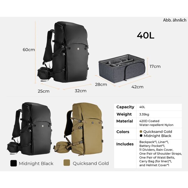K&F Concept Backpack 40L Foto-Rucksack  Quicksand Gold