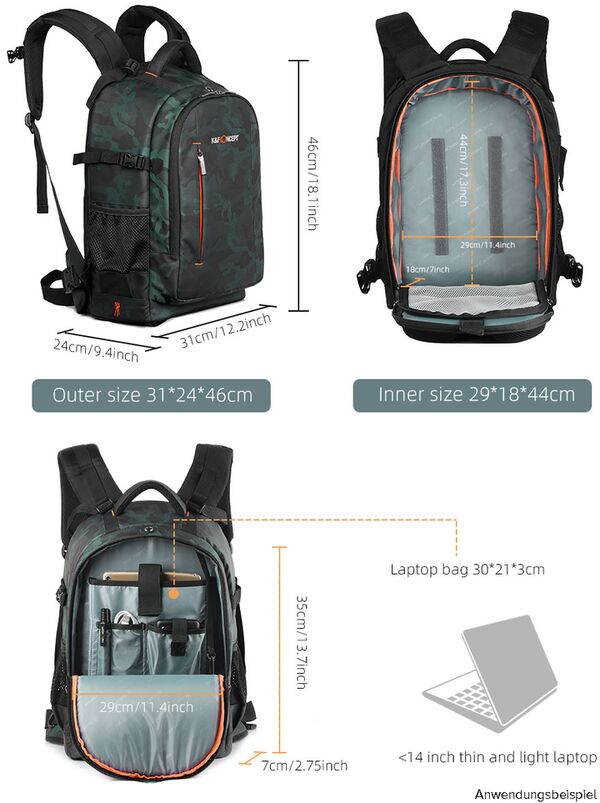 K&F Concept Backpack KF13.119 Large 31x24x46cm - Black/Green 