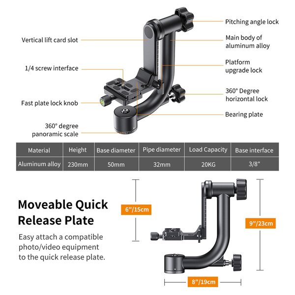 K&F Concept Gimbal Head Schommelkop 