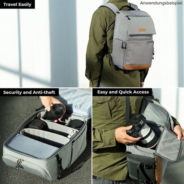 K&F Concept Kamera Rucksack mit Regenschutz  grau + braun 22L