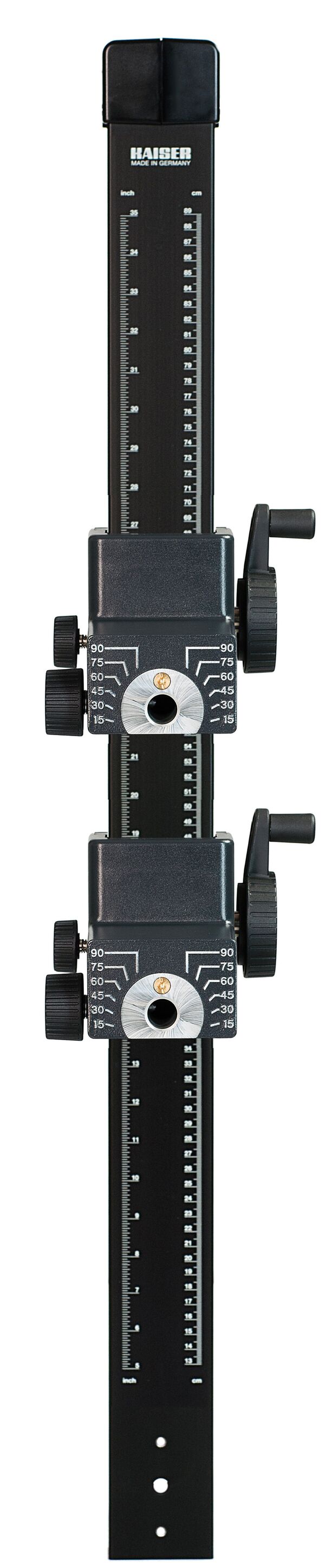 Kaiser Führungssäule mit zwei Haltearmen 1 m Gewichtsausgleich (am oberen Haltearm) und Zahnstange 