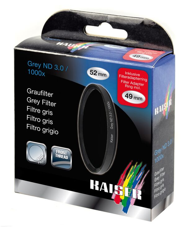 Kaiser Graufilter ND 3 0 / 1000x ø 58 mm inkl. Adapterrring für ø 55 mm inkl. Mikrofasertuch und Aufbewahrungstasche 