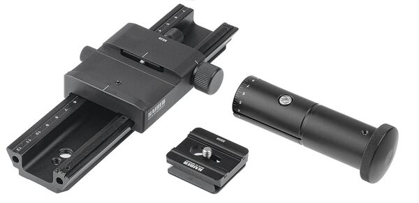 Kaiser Makro-Einstellschlitten mit Schnellkupplung (Arca-Swiss-kompatibel) und Feinjustage-Griff 