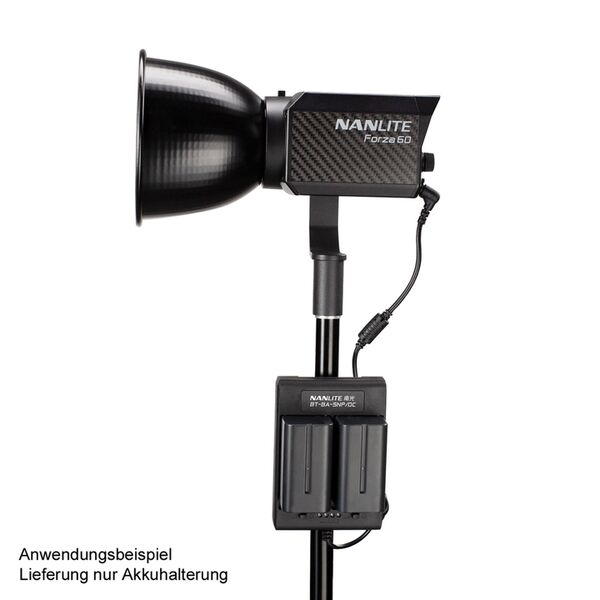 Nanlite BT-BA-SNP/DC Akku-Halterung für 2 NP-F-Akkus (je 4400 mAh oder mehr z. B. Art.-Nr. 3634) mit Stativklemme und Anschlusskabel z. B. für Mira 26B Forza  