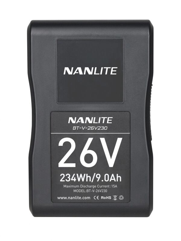 Nanlite V-Mount-Akku BT-V-26V230 Lithium-Ionen-Akku 26 V 230 Wh 9 Ah. Max. Belastbarkeit 15 A. Mit Ladezustandsanzeige V-Mount-Anschluss D-Tap-Buchse. 