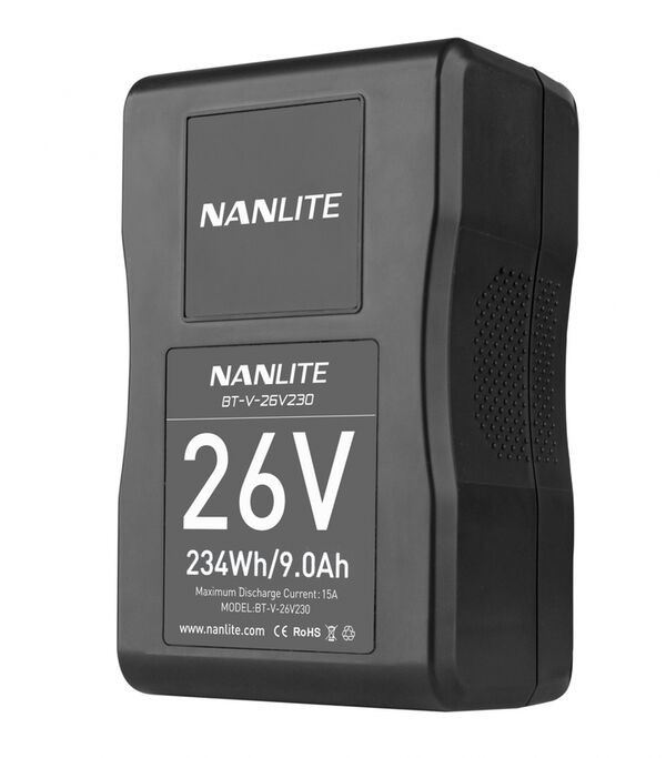 Nanlite V-Mount-Akku BT-V-26V230 Lithium-Ionen-Akku 26 V 230 Wh 9 Ah. Max. Belastbarkeit 15 A. Mit Ladezustandsanzeige V-Mount-Anschluss D-Tap-Buchse. 