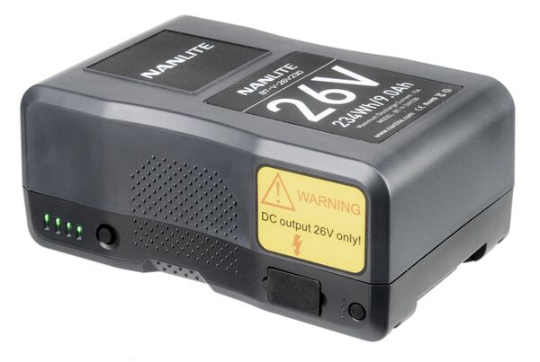 Nanlite V-Mount-Akku BT-V-26V230 Lithium-Ionen-Akku 26 V 230 Wh 9 Ah. Max. Belastbarkeit 15 A. Mit Ladezustandsanzeige V-Mount-Anschluss D-Tap-Buchse. 