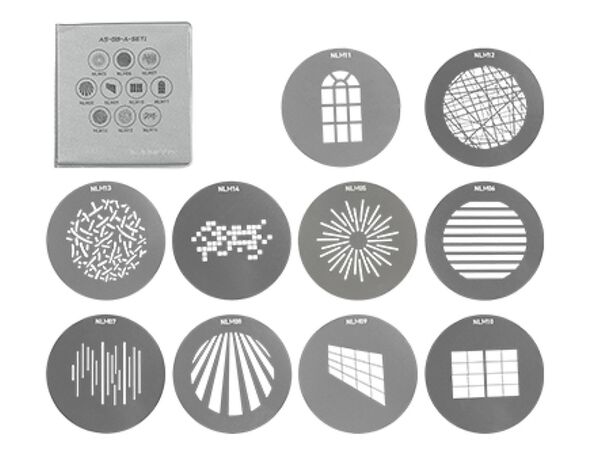 Nanlux AS-GB-A-SET1 Gobo-Set 1 mit 10 Gobos (Schattenmasken) Größe A: NLM05 - NLM14. Für Projektionsvorsatz PJ-NLM-15-30. 