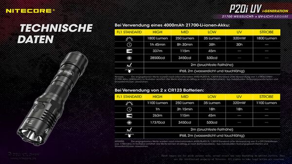 Nitecore P20i UV - 1800 Lumen + UV-Licht 