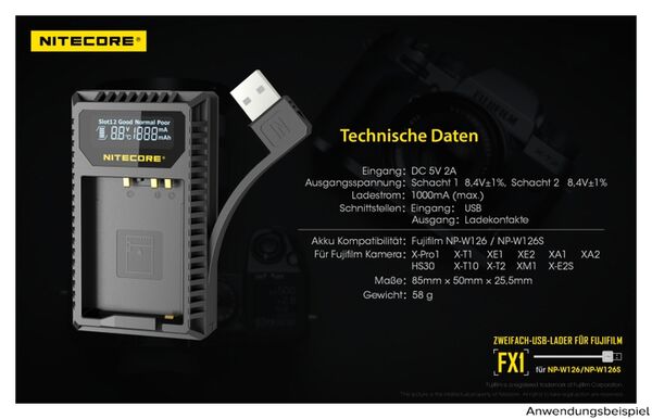 Nitecore USB-Ladegerät mit LCD-Display  FX1 für Fujifilm NP-W126 / NP-W126S