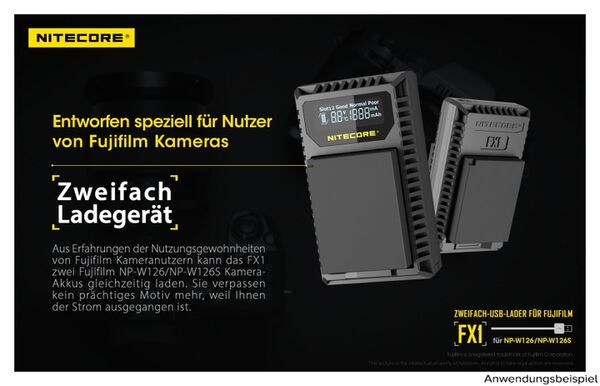 Nitecore USB-Ladegerät mit LCD-Display  FX1 für Fujifilm NP-W126 / NP-W126S
