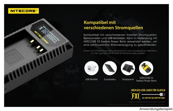 Nitecore USB-Ladegerät mit LCD-Display  FX1 für Fujifilm NP-W126 / NP-W126S