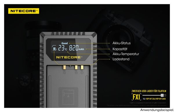 Nitecore USB-Ladegerät mit LCD-Display  FX1 für Fujifilm NP-W126 / NP-W126S