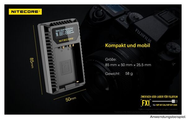 Nitecore USB-Ladegerät mit LCD-Display  FX1 für Fujifilm NP-W126 / NP-W126S