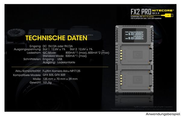 Nitecore USB-Ladegerät mit LCD-Display  FX2PRO für Fujifilm NP-T125