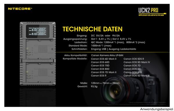 Nitecore USB-Ladegerät mit LCD-Display  UCN2PRO für Canon LP-E6N