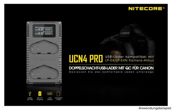 Nitecore USB-Ladegerät mit LCD-Display  UCN4PRO für Canon LP-E4 / LP-E4N
