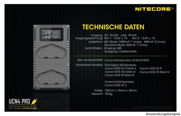 Nitecore USB-Ladegerät mit LCD-Display  UCN4PRO für Canon LP-E4 / LP-E4N
