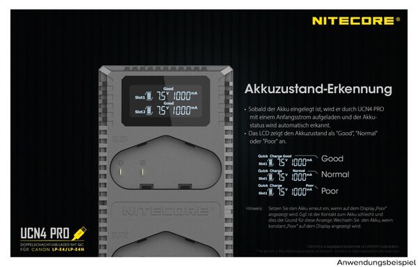 Nitecore USB-Ladegerät mit LCD-Display  UCN4PRO für Canon LP-E4 / LP-E4N