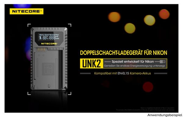 Nitecore USB-Ladegerät mit LCD-Display  UNK2 für Nikon EN-EL15