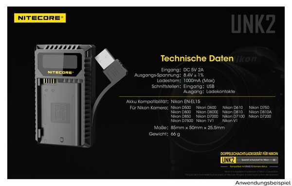 Nitecore USB-Ladegerät mit LCD-Display  UNK2 für Nikon EN-EL15