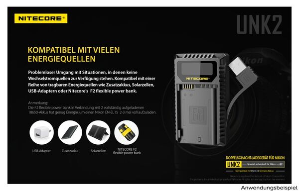 Nitecore USB-Ladegerät mit LCD-Display  UNK2 für Nikon EN-EL15