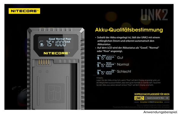 Nitecore USB-Ladegerät mit LCD-Display  UNK2 für Nikon EN-EL15