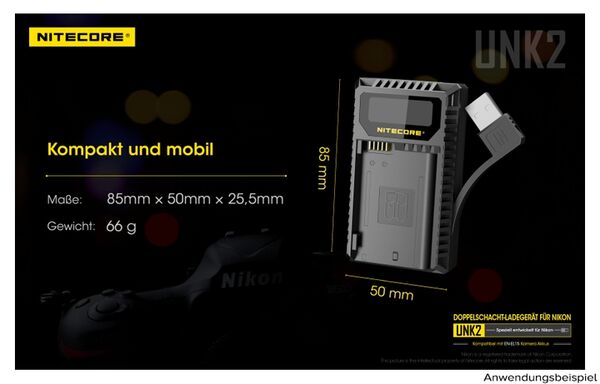 Nitecore USB-Ladegerät mit LCD-Display  UNK2 für Nikon EN-EL15