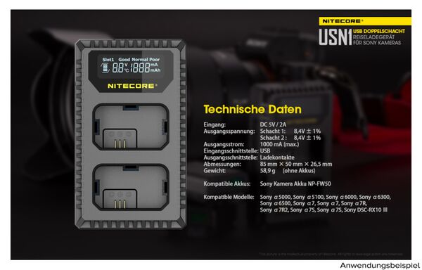 Nitecore USB-Ladegerät mit LCD-Display  USN1 für Sony NP-FW50
