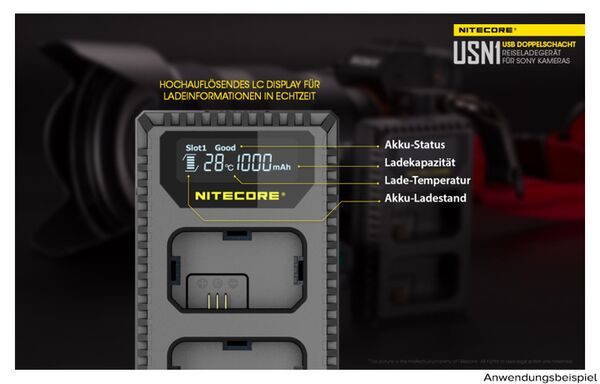 Nitecore USB-Ladegerät mit LCD-Display  USN1 für Sony NP-FW50