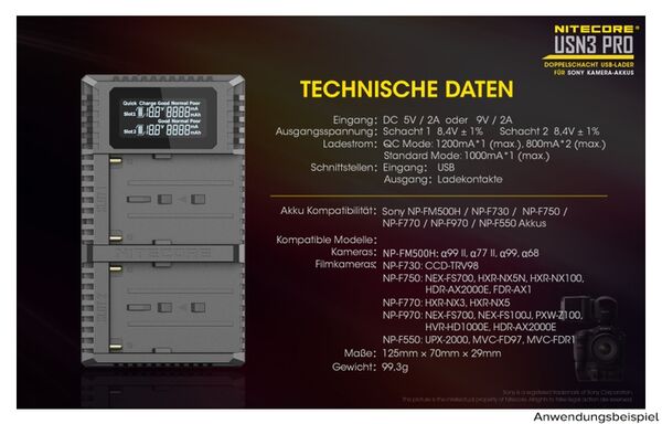 Nitecore USB-Ladegerät mit LCD-Display  USN3PRO für Sony NP-F750